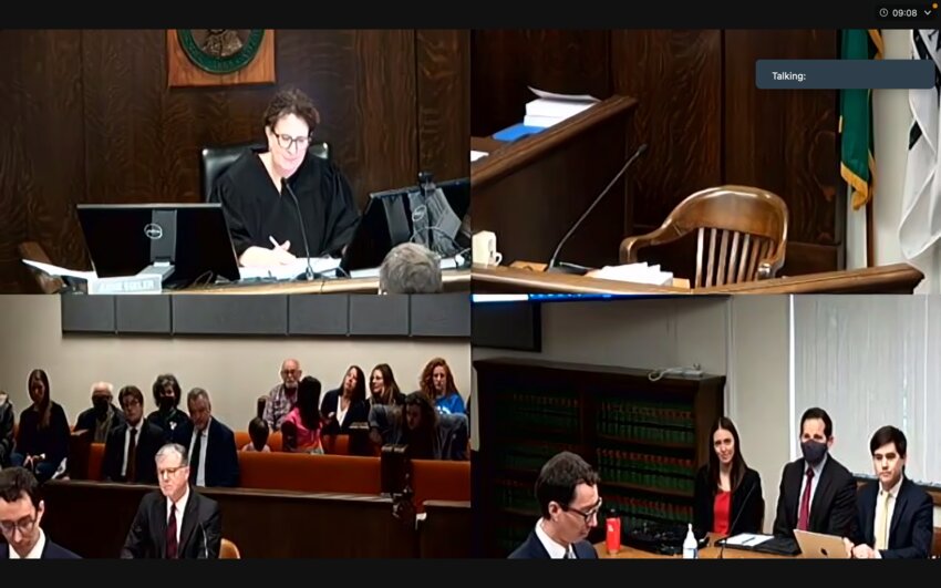 Thurston County Superior Court Judge Anne Egeler (top left) heard the appeal of Olympia School District parents (bottom right) and ruled the start of the school closure public comment invalid at this hearing on March 8, 2024.
