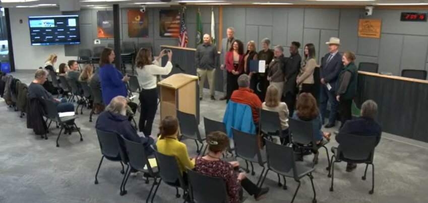Representatives from the Thurston League of Women Voters received the Women&rsquo;s History Month proclamation during the Thurston Board of County Commissioners meeting on March 5, 2024.