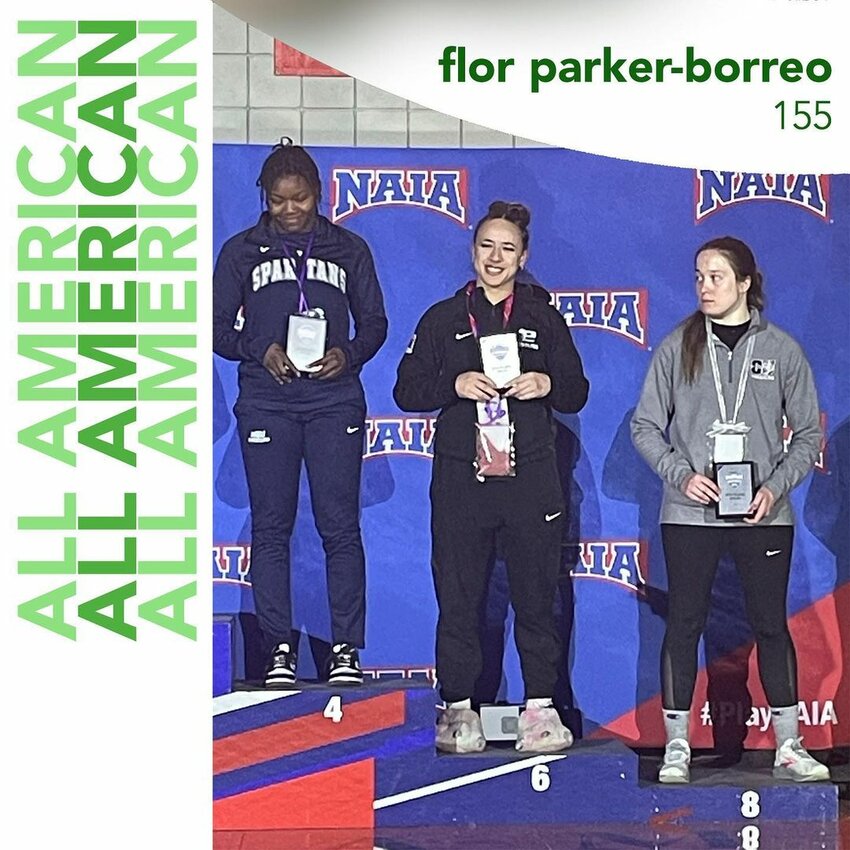 Flor &ldquo;Jasmine&rdquo; Parker-Borreo is all smiles as she finished 6th on the podium representing Evergreen State College women&rsquo;s wrestling team in the 155-lb division.