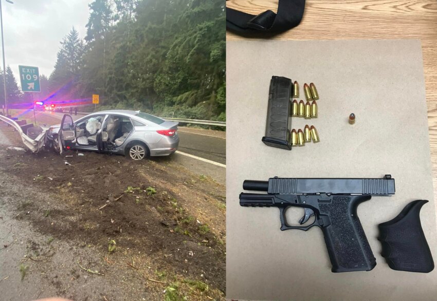The suspect vehicle crashed after a police chase and four juvenile suspects were arrested after they fled on foot and ran in different directions. Stolen firearms were recovered from three suspects.