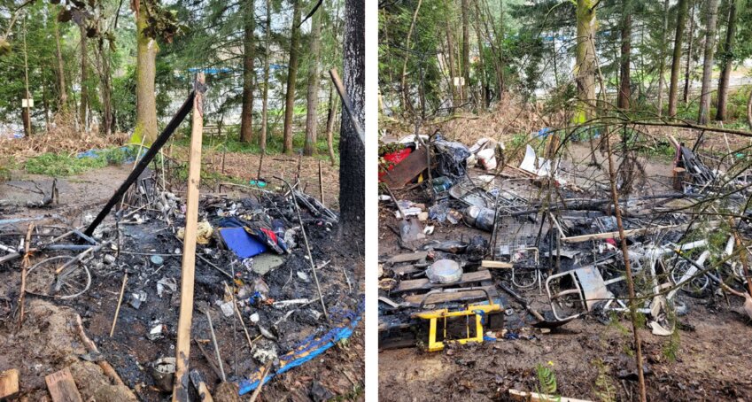 A tent was destroyed after two women allegedly threw a bomb inside, causing an explosion and fire.