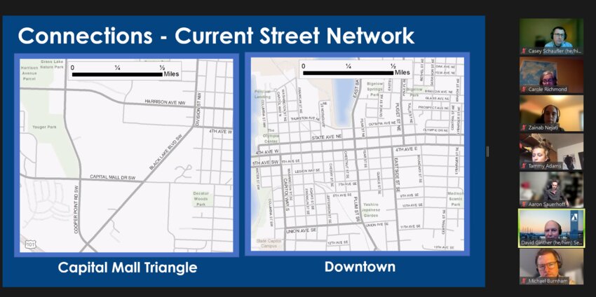 CP&amp;D Senior Planner David Ginther shows a map comparison showing downtown Olympia's street grid facilitates access by all transportation modes. At the same time, the Capitol Mall triangle poses more of a challenge to reach the destination.