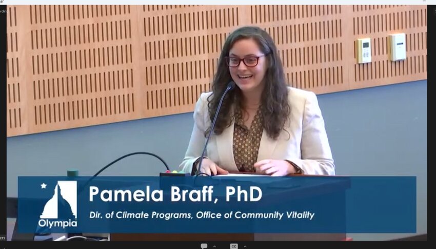 Dr. Pamela Braff, Olympia's Climate Program director, discussed the &quot;Switch is On&quot; community electrification campaign at the city council meeting on Tuesday, March 18, 2024.