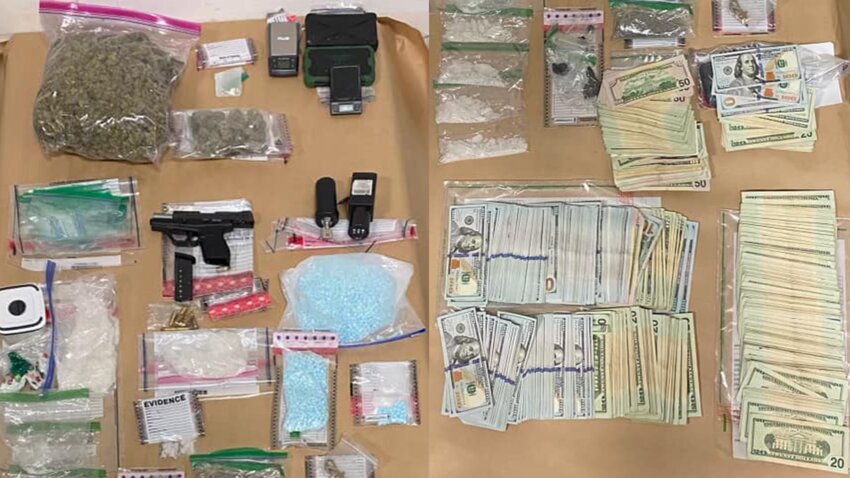 An alleged 17-time felon was arrested by the Thurston County Narcotics Task Force, and in his possession are 1.4 pounds of methamphetamine, 1 pound of fentanyl pills, four ounces of heroin, as well as cannabis, $31,800 cash, and a firearm.