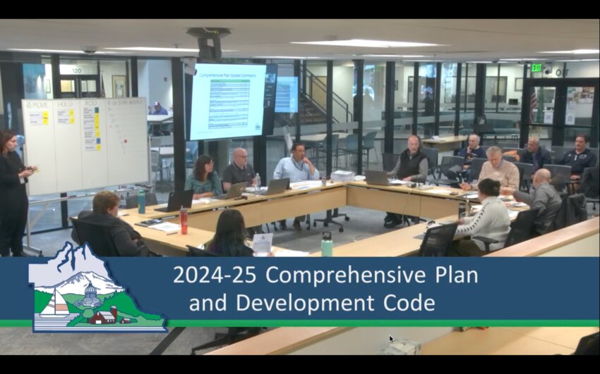 On Monday, March 25, 2024, Community Planning &amp; Economic Development Planning Manager Ashley Arai (front left), Interim Senior Planner Andrew Boughan (front middle), and Director Joshua Cummings (front right) met with Thurston&rsquo;s Board of County Commissioners to decide on the 2024-2025 Development Code and Comprehensive Plan Dockets project list.