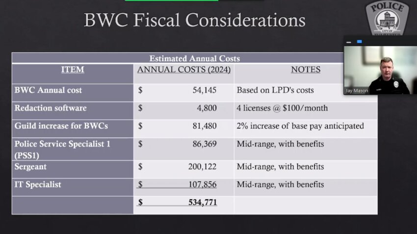 The estimated annual cost for Tumwater to implement body-worn cameras comes to $534,771, most of which would be primarily used to support additional personnel.