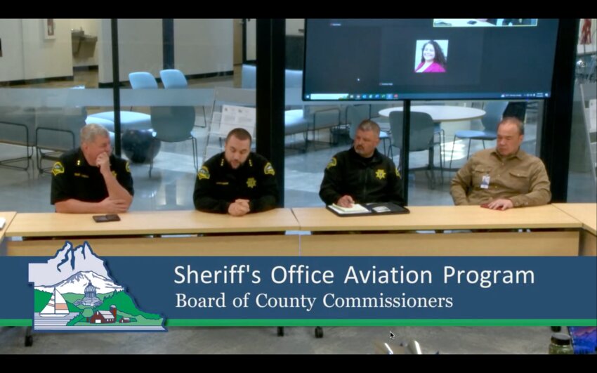 Thurston County Sheriff Derek Sanders (2nd from the left) met Thurston&rsquo;s Board of County Commissioners yesterday, April 10, 2024, to share updates on its planned aviation program.