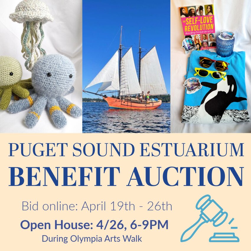 The Puget Sound Estuarium online bidding started on April 19 and will end on April 26 at 10 PM. The Open House will be held during the Olympia Arts Walk on April 26 from 6 PM to 9 PM.