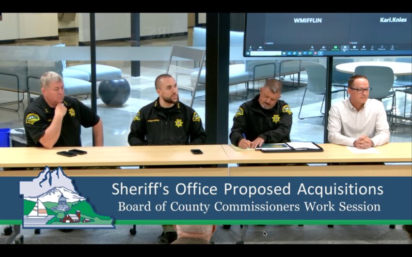 Thurston County Sheriff Derek Sanders (second from the left) discussed the possible acquisition of two systems at a work session with the Board of County Commissioners yesterday, April 24, 2024.