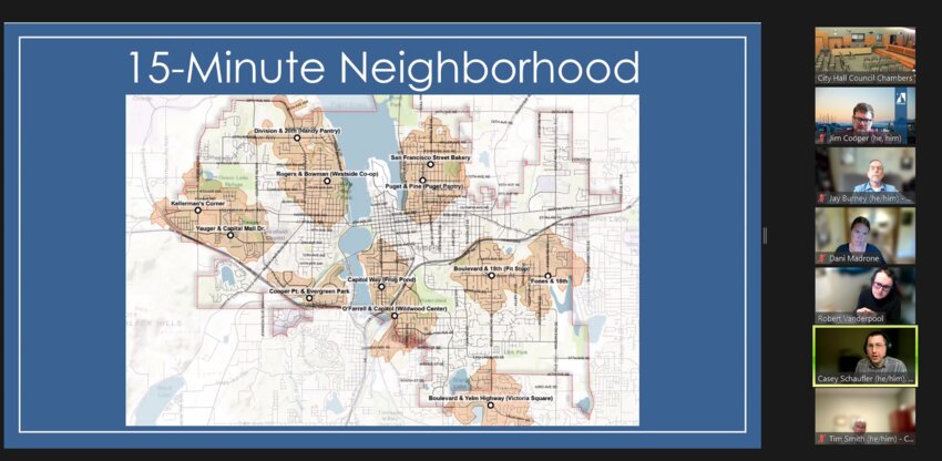 At the Land Use and Environment meeting held Thursday, April 25, 2024, Olympia's associate planner Casey Schaufler mentioned that fewer than 10 miles of streets are located within a 15-minute walk of many neighborhood centers.