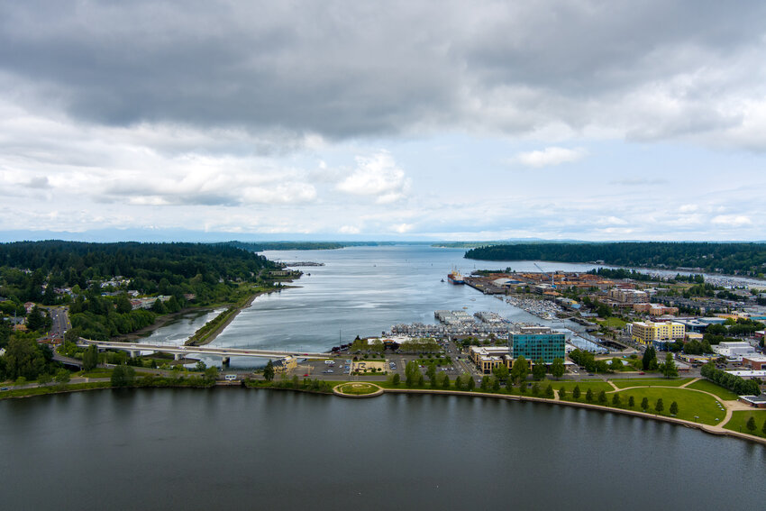 Aerial view of the city of Olympia, Washington waterfront. In this image you can see Heritage Park and Capitol Lake in the front.