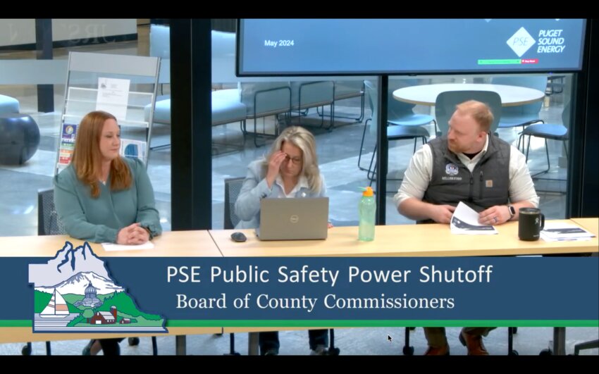 Puget Sound Energy Senior Local Government Affairs Representative Kristine Rompa (center) met with Thurston&rsquo;s Board of County Commissioners yesterday, May 8, 2024, to discuss wildfire measures.