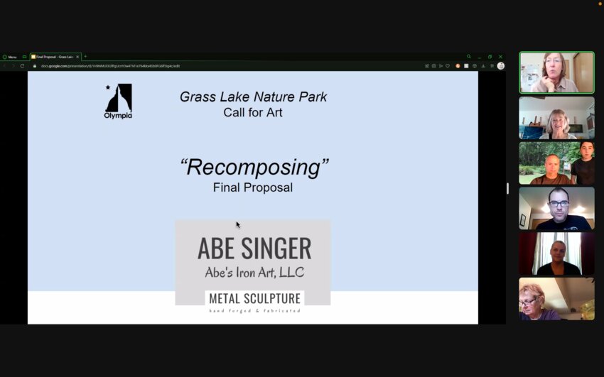 Artist Abe Singer (third from the top) presented the Grass Lake Nature Park Public Art&rsquo;s final design to the Olympia Arts Commission for the last time yesterday, May 9, 2024.