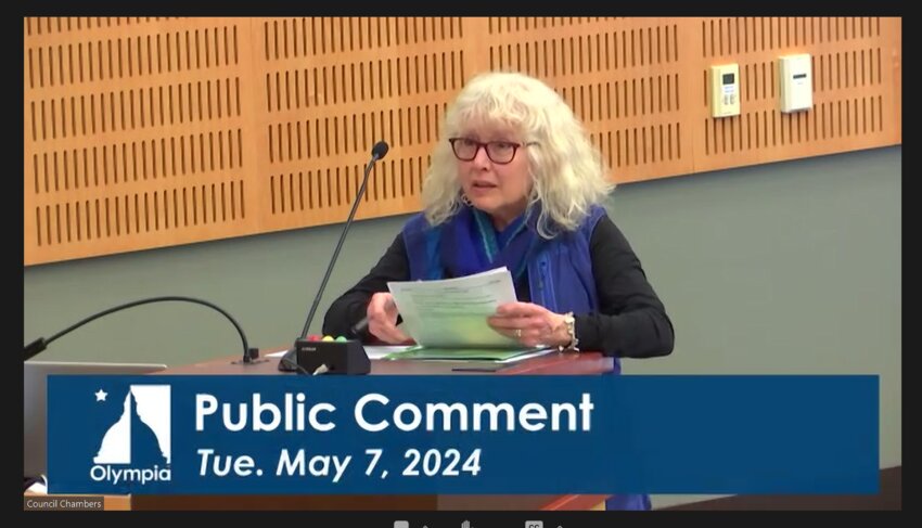 At the Olympia City Council meeting on May 7, 2024, Valerie Hammond voiced her concerns about speeding on Capitol Way which caused near accidents and property damage in recent years.
