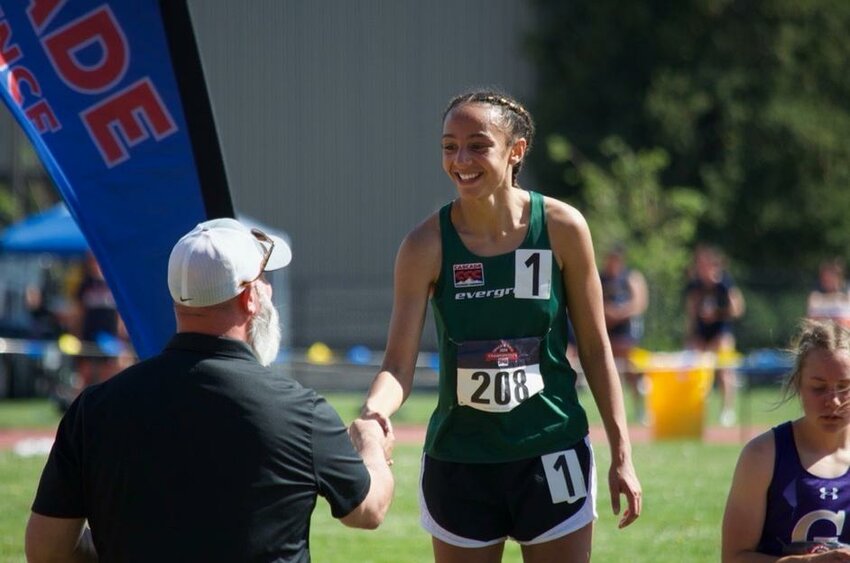 Evergreen State College&rsquo;s  Alaunae Carstens photographed after her podium finish in the women&rsquo;s 5000 meters.