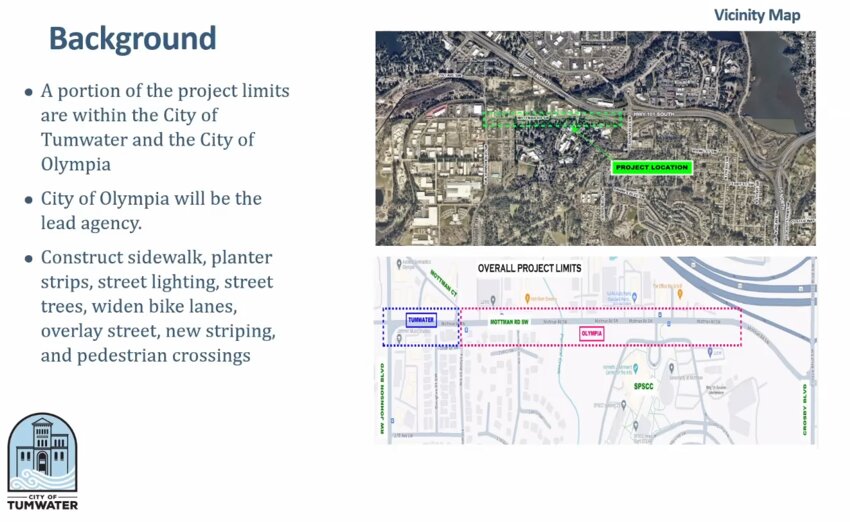 A slide from the Tumwater city staff’s presentation shows the length of the project which spans 3,330 feet of Mottman Road.