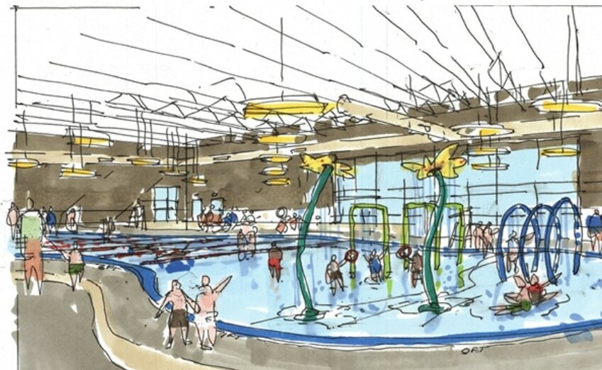 Concept sketch of the exterior (top) and the indoor family aquatic center of the future Young Child and Family Education Center give an idea of some features of the new facility. The project is a joint venture of the City of Lacey Parks and Recreation, North Thurston Public Schools, Thurston Economic Development Council and the South Sound YMCA.