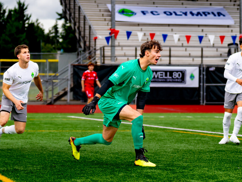 University of Washington&rsquo;s Jackson Ozburn (in green) got the starting nod as goalkeeper for FC Olympia in their first two games of the 2024 USL2 season.