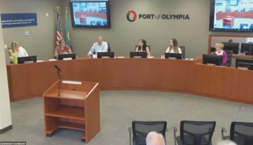 Port of Olympia Executive Director Alex Smith (rightmost) gives an update to the Port Commission about environmental issues surrounding the air show.