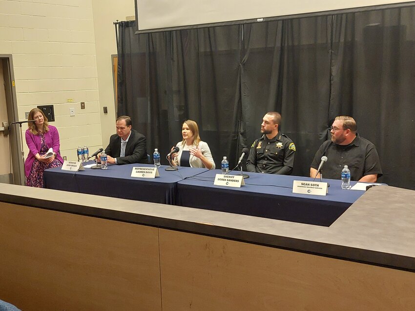 An expert panel addresses the growing fentanyl crisis locally and statewide in a TVW-hosted forum following a public screening of the TVW documentary. On-air personality Jennifer Huntley (left) hosts the panel including (left-to-right) State Sen. John Braun, State Rep. Lauren Davis, Thurston County Sheriff Derek Sanders, and Evergreen Treatment Services' Sean Soth.