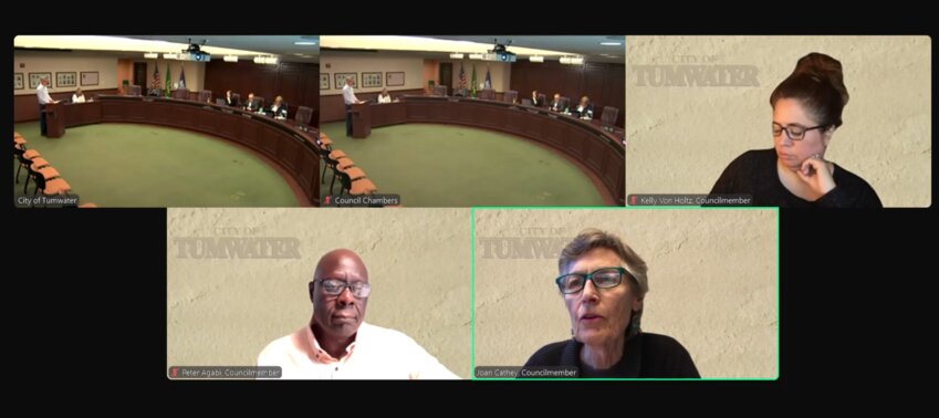 Tumwater Councilmember Joan Cathey (lower right) expressed her concerns about the multifamily tax exemption program during a meeting on July 2 but ultimately voted in favor of the contract for Rookery Apartments.