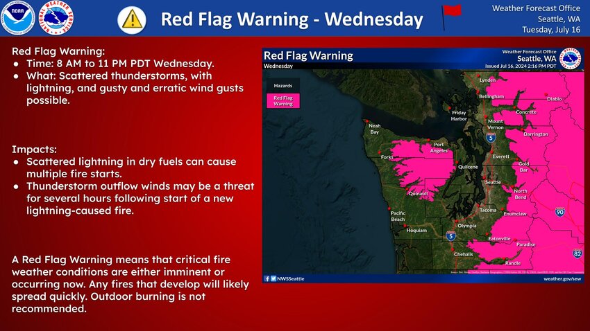 According to the National Weather Service &ldquo;An increase risk of thunderstorms with the combination of dry fuels has prompted a red flag warning for Wednesday. Any fires that start due to lighting and gusty winds will have the chance of spreading out of control. Outdoor burning is not recommended in areas under the warning.&rdquo;