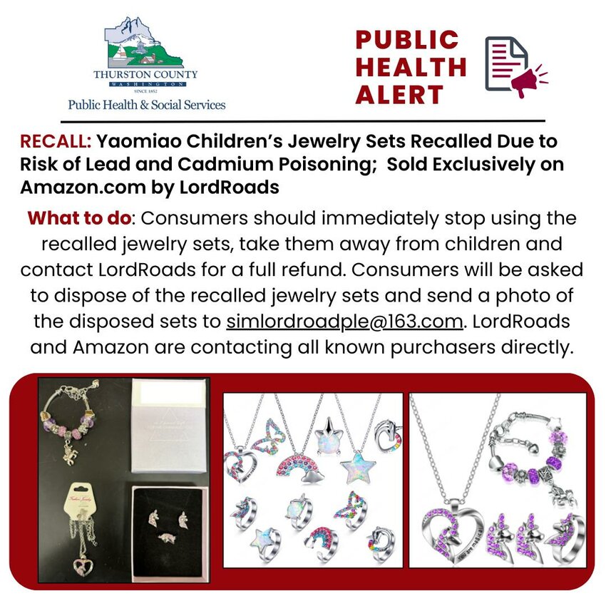 Thurston County is warning parents to stop using the recalled Yaomiao children's jewelry sets sold on Amazon due to lead and cadmium poisoning risks.