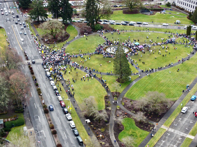 People gathered at the Washington Capitol campus in Olympia to protest the policies of President Donald Trump on Monday, Feb. 17, 2025, or &quot;Not My Presidents Day.&quot;