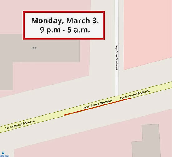 Here is the map showing the affected area in Pacific Avenue SE for an overnight road closure this Monday, March 3 at 9 p.m. to 5 a.m. on Tuesday, March 4.&nbsp;