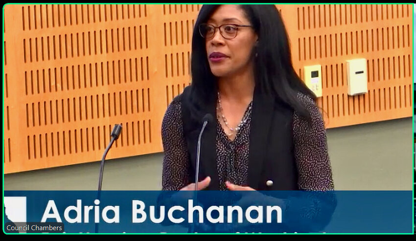Adria Buchanan, the Executive Director of the Fair Housing Center of Washington, expressed appreciation for the Fair Housing Month proclamation. She spoke at the Olympia City Council meeting on Tuesday, April 8, 2025.&nbsp;