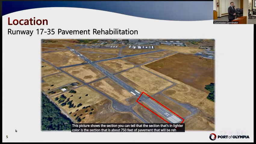 A slide from a presentation by Chris Paolini, the senior manager of Olympia Regional Airport, to the Port of Olympia Commission on March 10, 2025, showed that around 700 feet of pavement at the sound end of the Runway 17-35 will be rehabilitated, as part of a project mostly funded by the Federal Aviation Administration. 