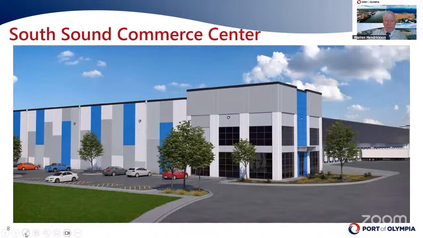 Warren Hendrickson, Port of Olympia’s Director of Operations, showed the Port Commission a conceptual rendering of the Sound Commerce Center. Panattoni Development Company intends to develop the 29-acre site for industrial use.
