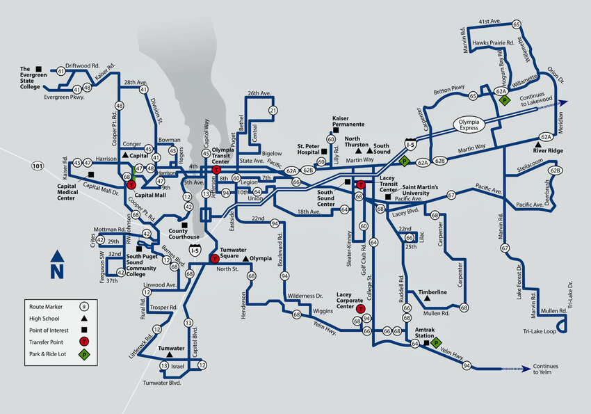 A map of Intercity Transit bus routes.