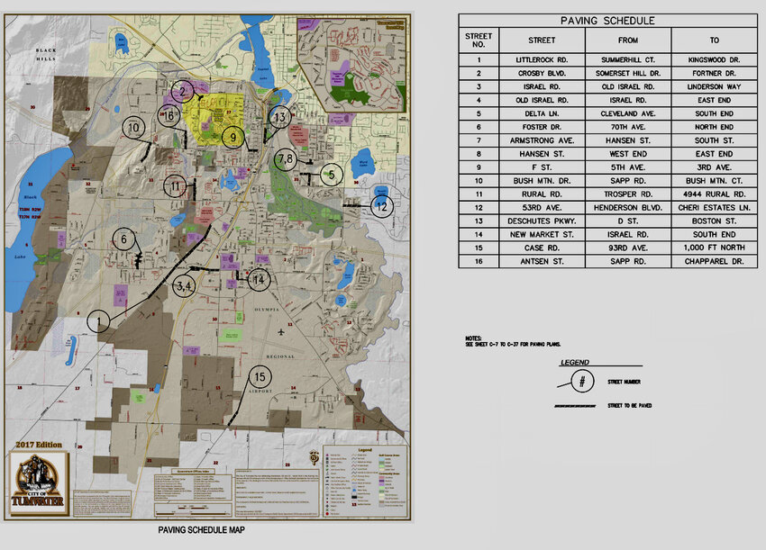 A map shows the 16 locations to be targeted by Tumwater&rsquo;s annual pavement maintenance project.&nbsp;