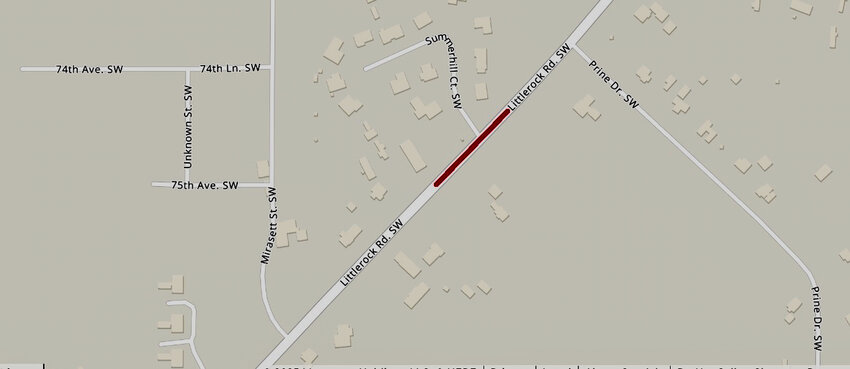 A map shows the site of underground utility work, as seen in red, along Littlerock Road SW in Tumwater.