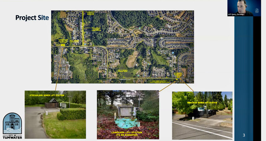 Jeff Query, an engineer with Tumwater&rsquo;s Engineering Department, showed the city&rsquo;s Public Works Committee on April 3, 2025, a map of the existing water mains (represented by yellow dash lines) on Sapp Road, Antsen Street, and Linwood Avenue. The solid yellow line on Antsen Street represents a new sewer main that will be built to increase draining capacity for the system.&nbsp;