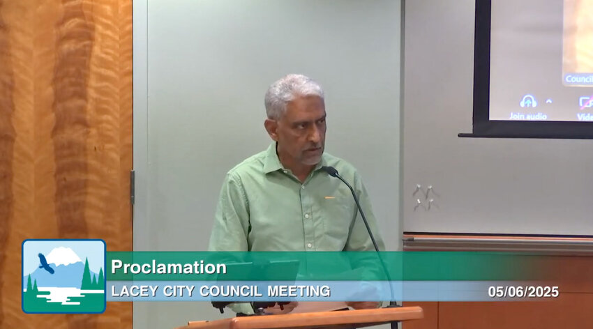Mustafa Mohamedali, a member of the Islamic Center of Olympia, accepted the Asian American and Pacific Islander Heritage Month proclamation during the Lacey City Council meeting on Tuesday, May 6, 2025. 