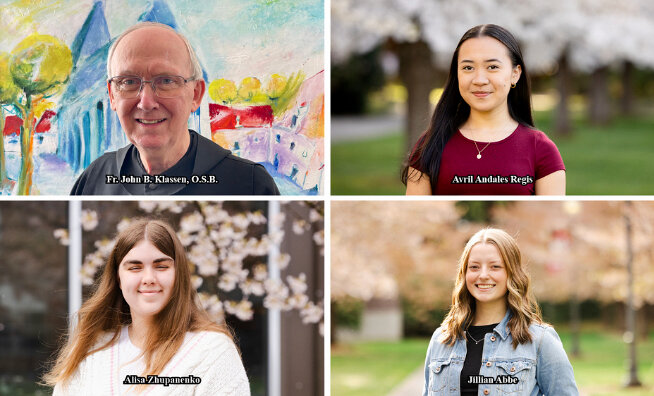 Saint Martin’s University held its Commencement Ceremony on May 10, 2025. Pictured here are Commencement speaker & honorary degree recipient Fr. John B. Klassen, O.S.B., Co-valedictorians Avril Andales Regis and Alisa Zhupanenko, and salutatorian Jillian Abbe.