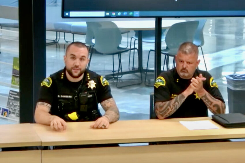 Thurston County Sheriff Derek Sanders, left, and Undersheriff Ruben Mancillas addressed gaps in jail monitoring protocols during the Thurston County Board of County Commissioners agenda setting meeting on Tuesday, May 13, 2025. 