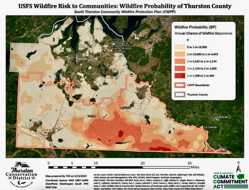The Thurston Conservation District included this wildfire probability map in the South Thurston Community Wildfire Protection Plan (CWPP) to identify areas, especially those in dark red, where projects like fuel reduction and defensible space are most needed.&nbsp;