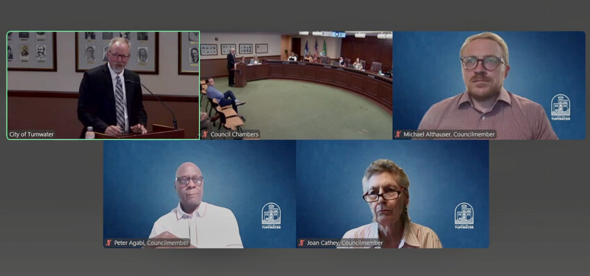 Tumwater Finance Director Troy Niemeyer, top left, briefed the Tumwater City Council about its 2025 first quarter finances at a meeting on Tuesday, June 17, 2025.