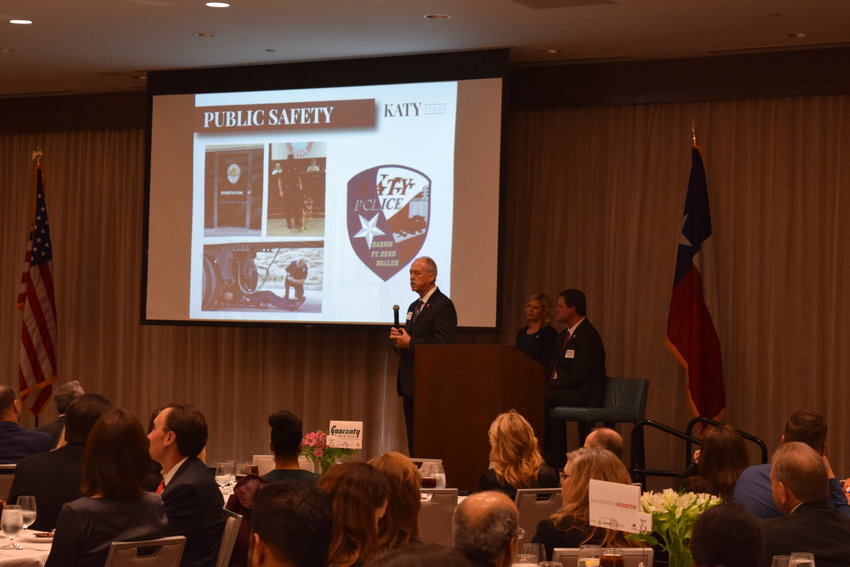 Katy Mayor Bill Hastings discusses public safety during the State of the City address Jan. 23. Hastings is considered an expert in the field with more than 30 years in public safety, including serving as Katy&rsquo;s police chief prior to retiring and being elected in 2019.