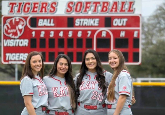 The four Katy High School senior softball players might have been just gearing up to find their stride in the season but the coronavirus pandemic forced all spring activities to be shutdown. Still, Katy softball coaches honored their seniors like they normally did, from a social distance. Pictured from the left are Sydney Blakeman, Allyse Castillo, Dominique Crespo and Marley Gilmore.