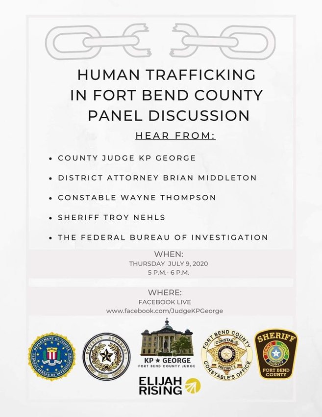 Fort Bend County Judge KP George held a Facebook Live panel discussion on human trafficking alongside several community leaders, including District Attorney Brian Middleton and Precinct 3 Constable Wayne Thompson.