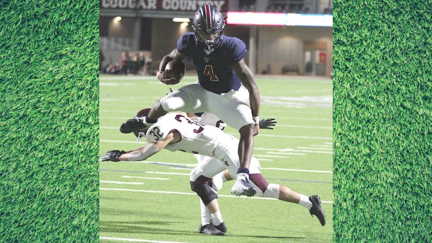 Tompkins quarterback Jalen Milroe recently announced a switch in his college decision and said after much thought with his family, the University of Alabama was the right next step for him to take after his Falcons&rsquo; career closes at the end of this year. Pictured is Milroe hurdling a Cinco Ranch defender en route to the end zone in a 58-0 win to end the regular season.