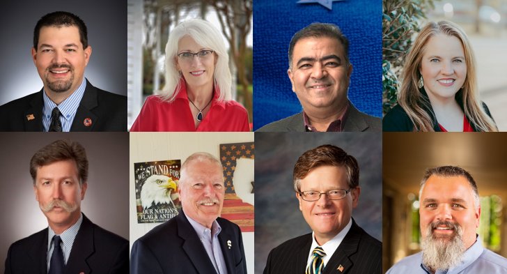 Chris Harris (top-left) is Mayor Pro Tem of Katy and is running unopposed for Katy&rsquo;s At-Large council seat, and has effectively won his race as a result. Janet Corte (incumbent), Dharminder Dargan and Diane R. Walker to Harris&rsquo; right are running for Ward A.     In the bottom row (from left to right) Durran Dowdle (incumbent), Sam Pearson, Steve Pierson and Rory Robertson are running for the city&rsquo;s Ward B council seat.