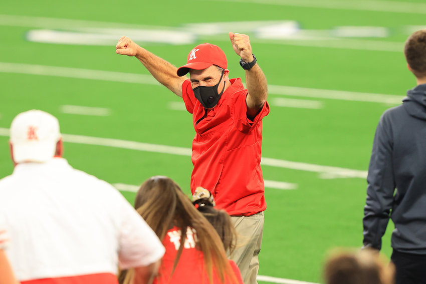 Katy coach Gary Joseph celebrates after the Tigers beat Cedar Hill, 51-14, at AT&amp;T Stadium on Saturday afternoon to win the Class 6A-Division II state championship.