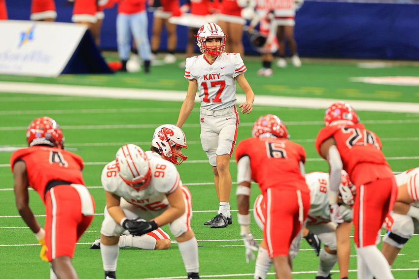 Katy High senior kicker Nemanja Lazic lines up to attempt a 48-yard field goal in the first half of the Tigers&rsquo; 51-14 Class 6A-Division II state championship win over Cedar Hill on Saturday, Jan. 16, at AT&amp;T Stadium in Arlington. Lazic made the field goal, tying a UIL state record for longest field goal made.
