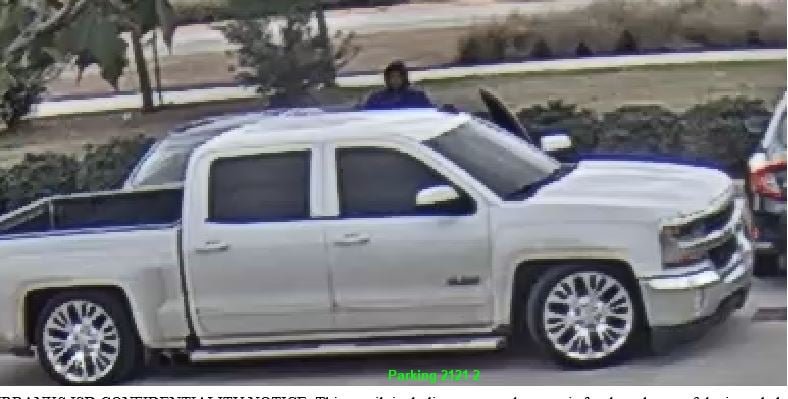 Katy ISD police are seeking the driver of this white Chevrolet pickup after tires were stolen from a vehicle at Cinco Ranch High School Thursday.