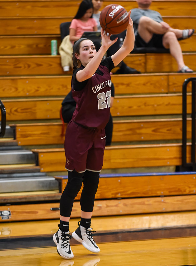 Cinco Ranch senior guard Abby Bala (22), shown here in this January 2020 file photo, scored a team-high 14 points to go with four steals in the Cougars' area round playoff loss to Cy-Creek on Saturday, Feb. 20, at the Merrell Center.